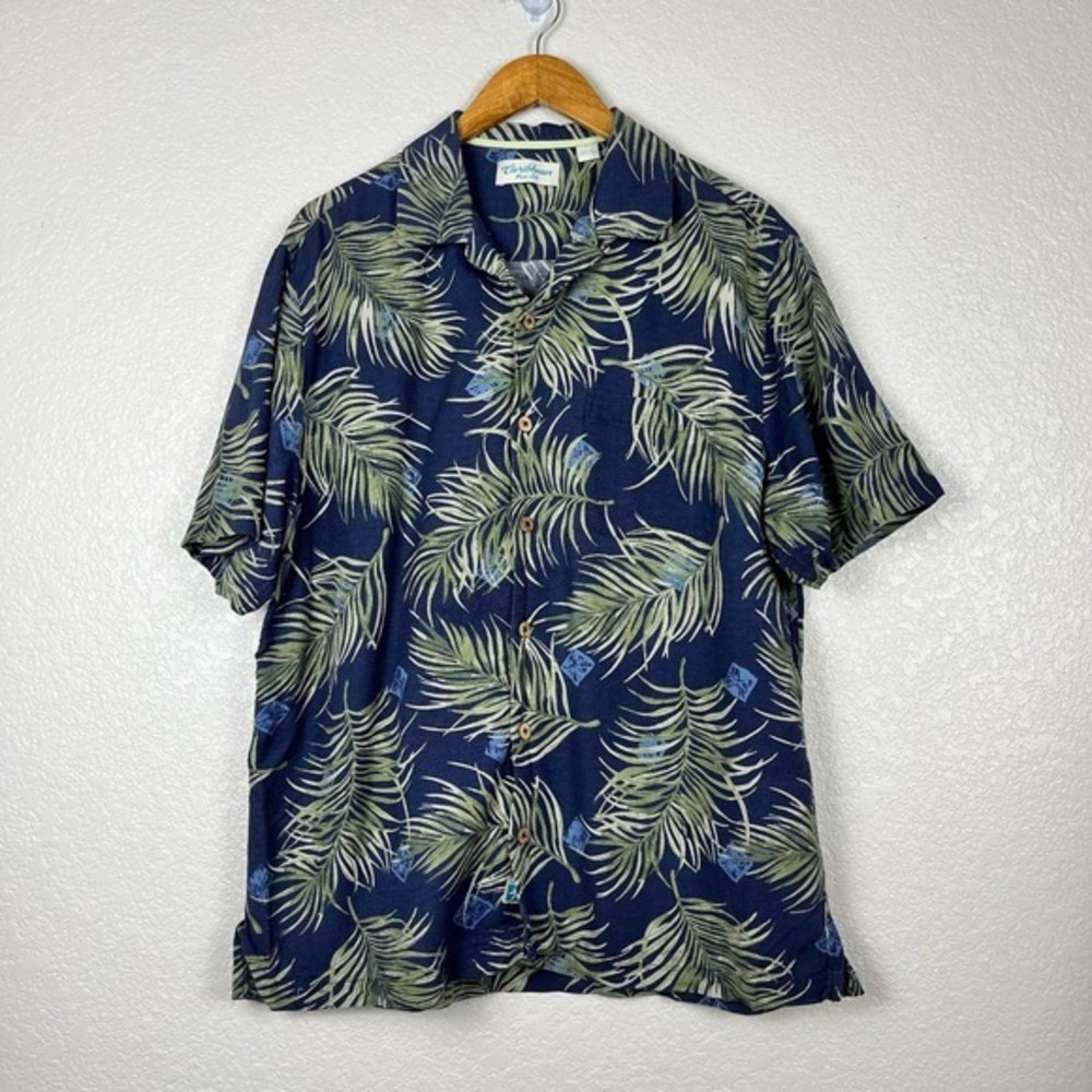 Caribbean Button Up Mens‎ L 100% Silk Short Sleeve Hawaiian Resort Cabana Camp